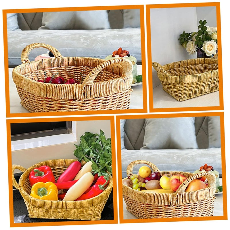 Tea Color Woven Bread Basket Double Handles Rattan Serving Tray Food Storage Display - Image 3