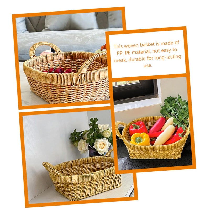 Tea Color Woven Bread Basket Double Handles Rattan Serving Tray Food Storage Display - Image 4