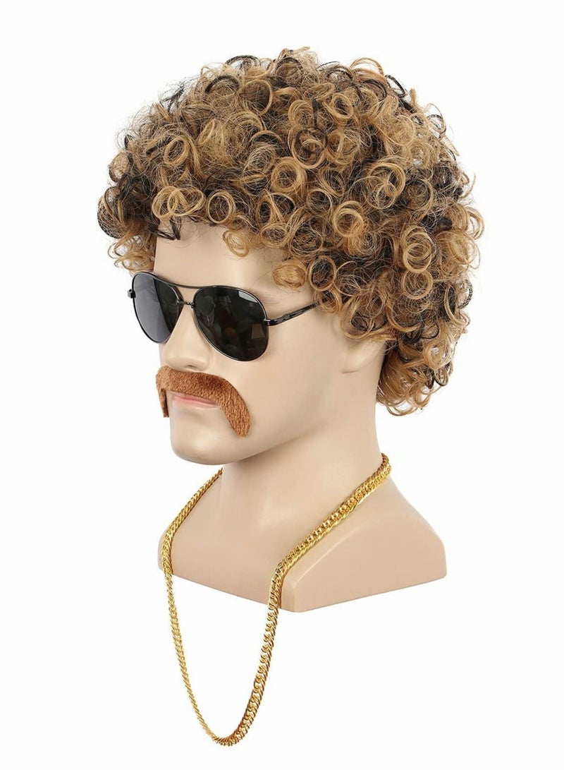 Excefore Short Curly Afro Mens Wig, 60s 70s Disco Dirt Bag Wig with Mustache Set California Costume Wig Cosplay Party Fashion Wig  - Image 2