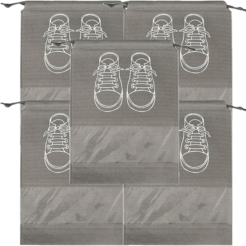 Premium 5-Piece Shoe Storage Bags Set - Heavy-Duty Travel Shoe Organizer - Durable Waterproof Non-Woven Dustproof Pouches with Transparent Window & Drawstring Closure (Sleek Modern Grey & Clear Profile, 5 Pcs) - Manual Footwear Preservation Sorting Convenience & Travel Luggage Packing Asset Management Template