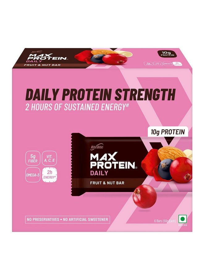 RiteBite Max Protein Daily Fruit & Nut 10G Protein Bars [Pack Of 6] Protein Blend, Fiber, Vitamins A,C,E, No Preservatives, 100% Veg, For Energy, Fitness & Immunity - 300G  - Image 1
