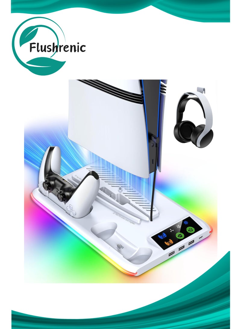 Flushrenic PS5 Stand and Cooling Statio,PS5/Slim/Pro Stand for Digital&Disc Console, Cooling&Charging with LED Controller for PlayStation 5 Console, PS5/Slim/Pro Accessories Kit with 3 Level Cooling Fan - Image 1