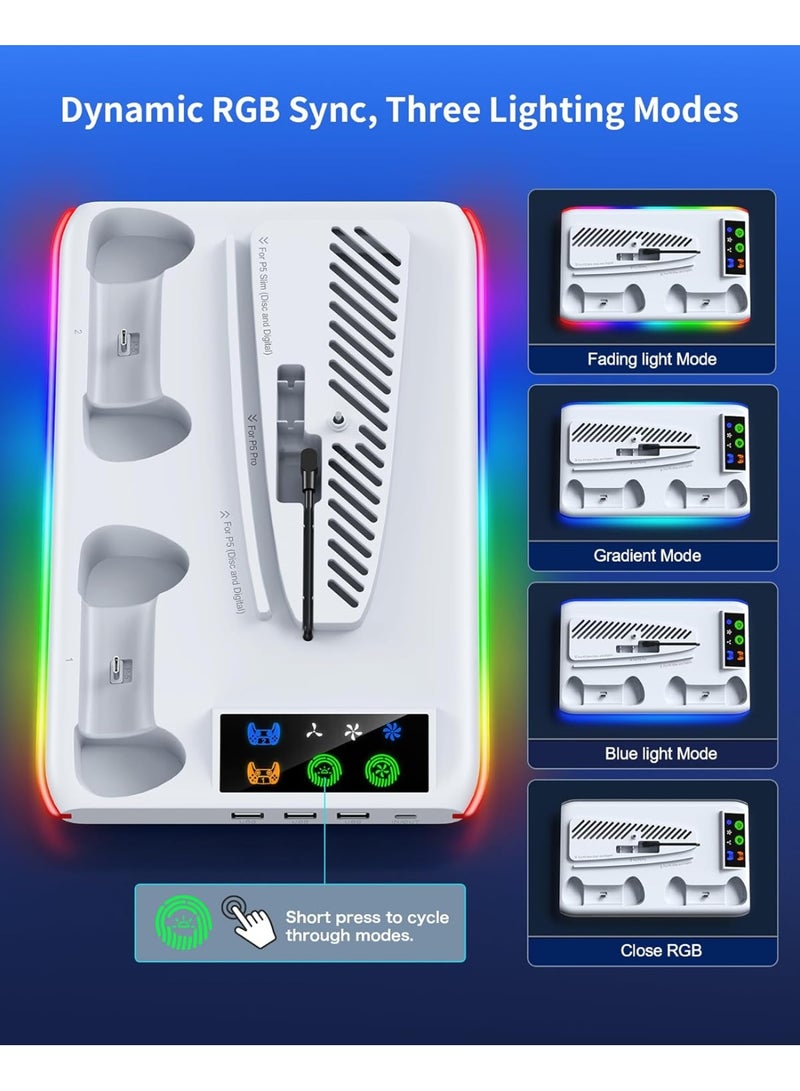 Flushrenic PS5 Stand and Cooling Statio,PS5/Slim/Pro Stand for Digital&Disc Console, Cooling&Charging with LED Controller for PlayStation 5 Console, PS5/Slim/Pro Accessories Kit with 3 Level Cooling Fan - Image 3