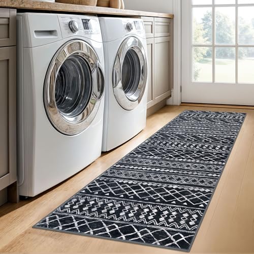 KUTA Moroccan Washable Hallway Runner Rug, 2x6 Non-Slip Vintage Black Boho Rugs Kitchen Runners Ultra Soft Distressed Geometric Floor Carpet for Bedroom Laundry Living Room - Image 3