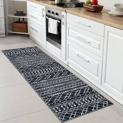 KUTA Moroccan Washable Hallway Runner Rug, 2x6 Non-Slip Vintage Black Boho Rugs Kitchen Runners Ultra Soft Distressed Geometric Floor Carpet for Bedroom Laundry Living Room - Image 2