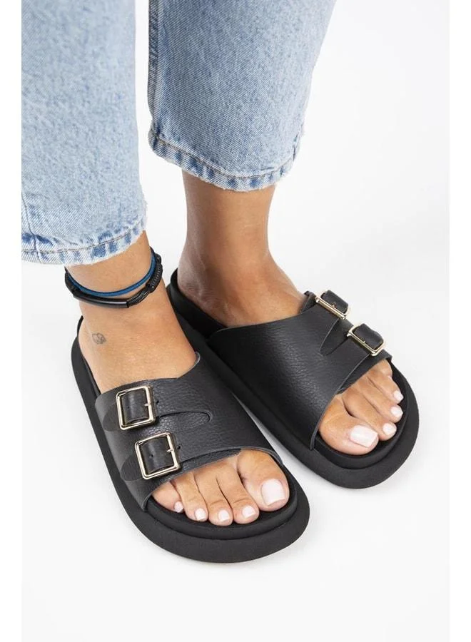 Lirio Women's Genuine Leather Single-Strip Double-Buckle Black Slippers.