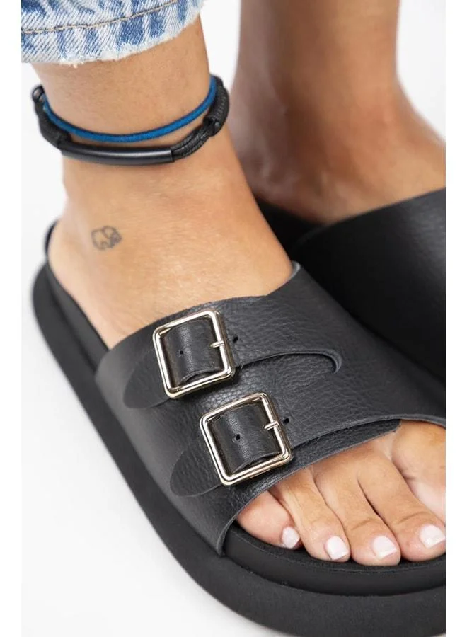 Manijero  Lirio Women's Genuine Leather Single-Strip Double-Buckle Black Slippers. for Women | Best Price UAE