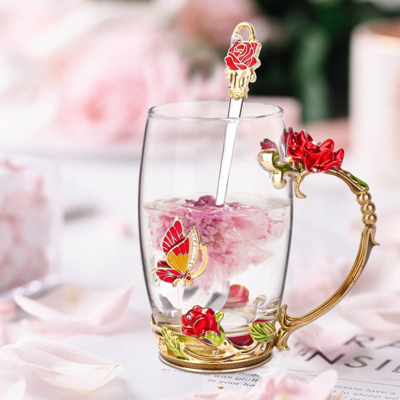 OEAGO Gifts for Women Mom Mothers Tea Cup Best Birthday Butterfly Rose Gifts for Her from Daughter Son Glass Coffee Christmas Enamels Mug Lead-Free with Spoon Set - Image 3