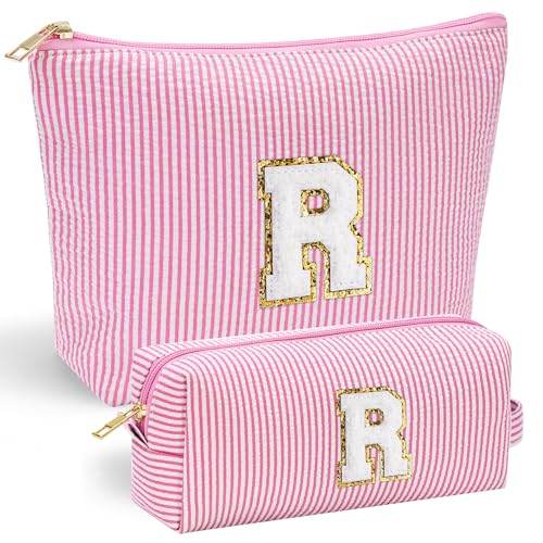 YOOLIFE Initial Makeup Bag for Girls, Travel Cosmetic Bag with Small Makeup Brush Bag Cute Makeup Bag Toiletry Travel Bag Personalized Wife Friend Gifts Makeup Birthday Gifts for Women Her Pink R - Image 1