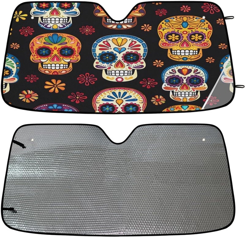 Sugar Skeleton Car Windshield Sun Shade, UV Rays Protector and Heat Shield, Foldable Front Window Cover with Suction Cups for Interior Protection, Mexican Floral - Image 4