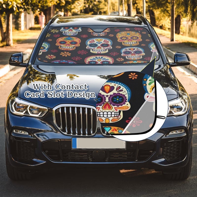 Sugar Skeleton Car Windshield Sun Shade, UV Rays Protector and Heat Shield, Foldable Front Window Cover with Suction Cups for Interior Protection, Mexican Floral - Image 5
