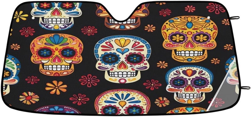 Sugar Skeleton Car Windshield Sun Shade, UV Rays Protector and Heat Shield, Foldable Front Window Cover with Suction Cups for Interior Protection, Mexican Floral - Image 1