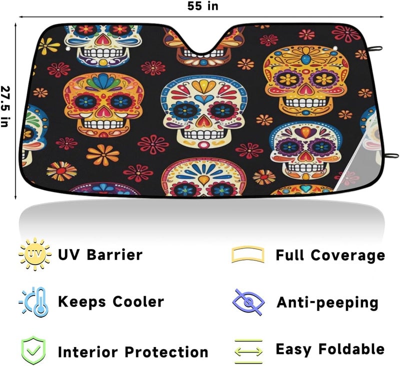 Sugar Skeleton Car Windshield Sun Shade, UV Rays Protector and Heat Shield, Foldable Front Window Cover with Suction Cups for Interior Protection, Mexican Floral - Image 3