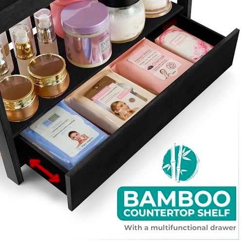 Sorbus Bamboo Bathroom Counter Organizer 2Tier Shelf with Hidden Drawer for Vanity Matcha Station Bathroom Sink Organizer Countertop Kitchen Office Storage 13Lx65Wx126H Black - Image 3
