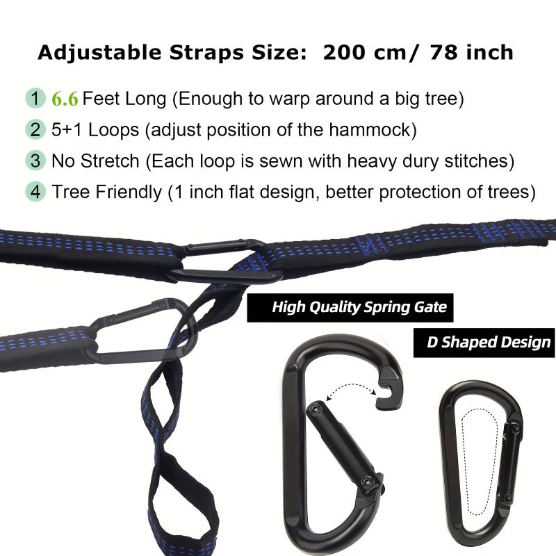 2 Pcs 200cm 78 Inch Hammock Straps With 2 Hooks 10 Plus 2 Loops Lightweight Portable Camping Quick Easy Setup For Yoga Swing Gym Heavy Duty Black Gray - Image 3