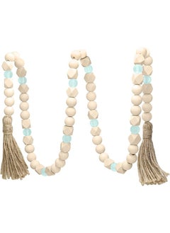 Lemon Wood Bead Garland with Tassels, Geometric Wooden Craft Beads with Aqua Acrylic Beads, Boho Farmhouse Country Rustic Wall Hanging  Tiered Tray Coffee Table Beach Decor  - Image 1