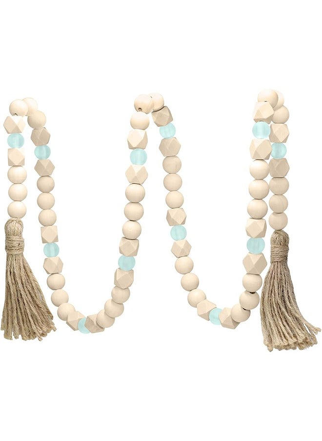 Lemon Wood Bead Garland with Tassels, Geometric Wooden Craft Beads with Aqua Acrylic Beads, Boho Farmhouse Country Rustic Wall Hanging  Tiered Tray Coffee Table Beach Decor  - Image 1