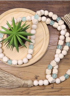 Lemon Wood Bead Garland with Tassels, Geometric Wooden Craft Beads with Aqua Acrylic Beads, Boho Farmhouse Country Rustic Wall Hanging  Tiered Tray Coffee Table Beach Decor  - Image 5