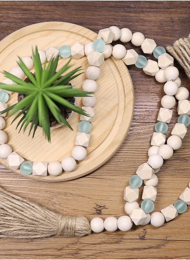 Lemon Wood Bead Garland with Tassels, Geometric Wooden Craft Beads with Aqua Acrylic Beads, Boho Farmhouse Country Rustic Wall Hanging  Tiered Tray Coffee Table Beach Decor  - Image 5