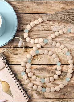 Lemon Wood Bead Garland with Tassels, Geometric Wooden Craft Beads with Aqua Acrylic Beads, Boho Farmhouse Country Rustic Wall Hanging  Tiered Tray Coffee Table Beach Decor  - Image 4