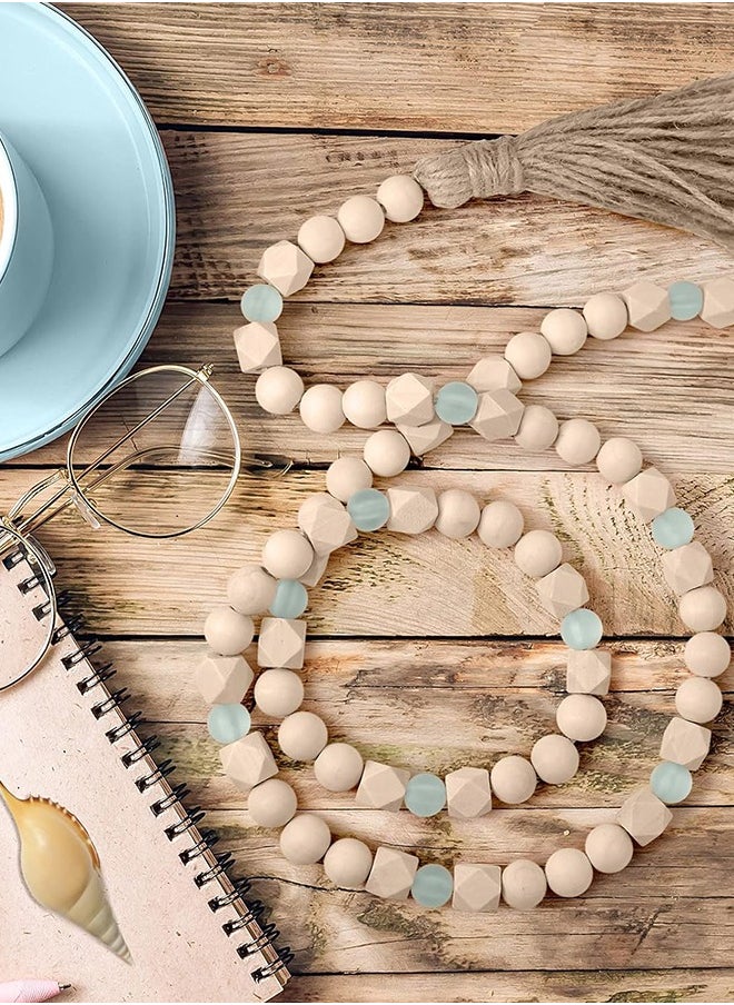 Lemon Wood Bead Garland with Tassels, Geometric Wooden Craft Beads with Aqua Acrylic Beads, Boho Farmhouse Country Rustic Wall Hanging  Tiered Tray Coffee Table Beach Decor  - Image 4