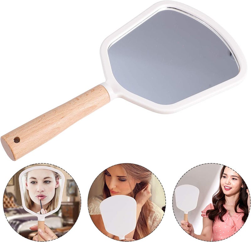 RoarCraft Hand Held Mirror for Makeup Small Wood Hand Mirror Portable Travel Vanity Mirror for MenWomen 55W x 92L inch White Fan - Image 3
