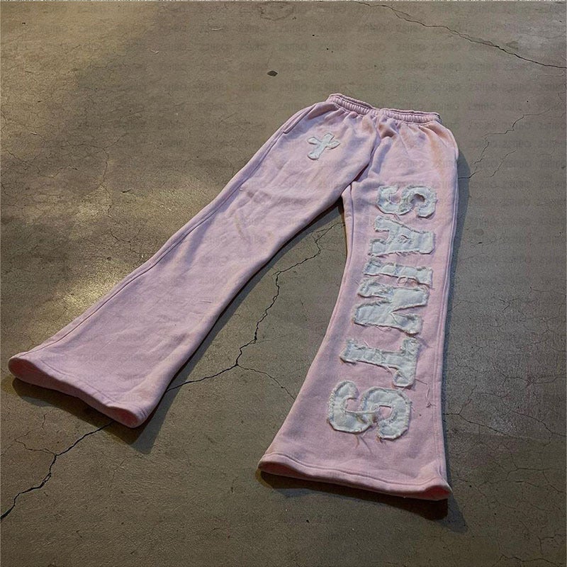 2024Y2K New European and American Fashion High Street Fashion Hip Hop Style Zipper Jacket Letter Pic Loose Sweatshirt Pink Trousers