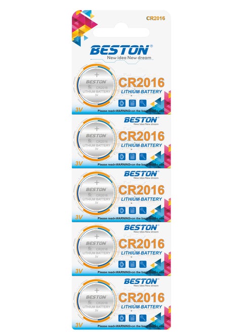 Beston Lithium Battery CR-2016 5 PCS: Pack of five lithium batteries with CR-2016 specifications, suitable for various applications.