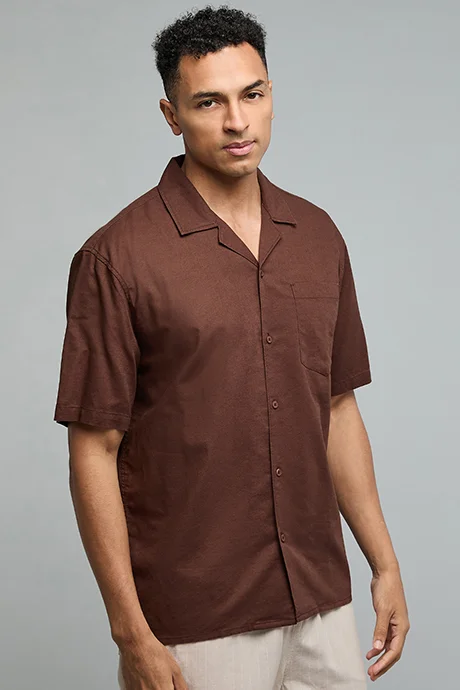 R&B Solid Shirt with Revere Collar and Short Sleeves