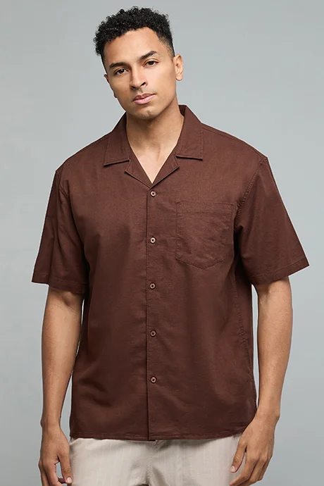 R&B Solid Shirt with Revere Collar and Short Sleeves