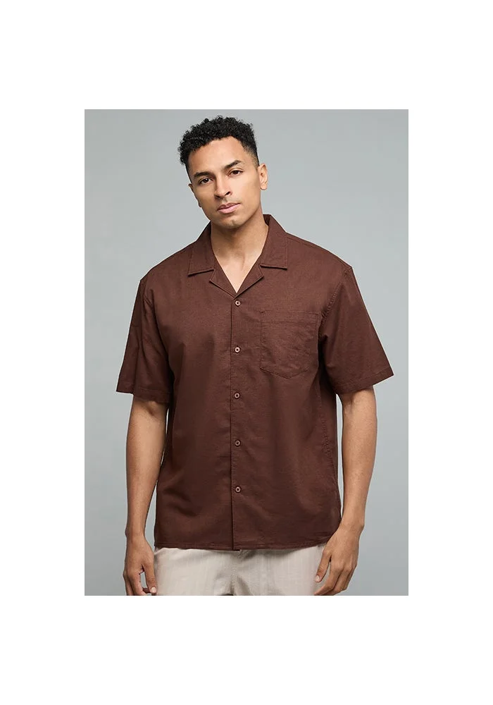 أر أند بي Solid Shirt with Revere Collar and Short Sleeves