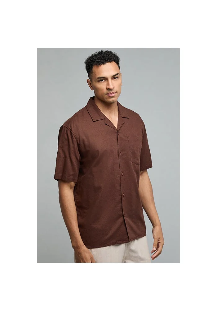 أر أند بي Solid Shirt with Revere Collar and Short Sleeves