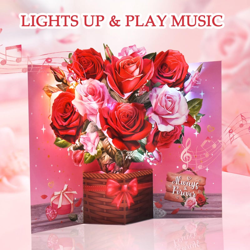 Venhoo Pop Up Valentines Day Card, 3D Musical Rose Flower Anniversary Cards with Lights, Romantic Popup Love Greeting Card for Her Him Couples Wife Girlfriend Husband Boyfriend - Image 2