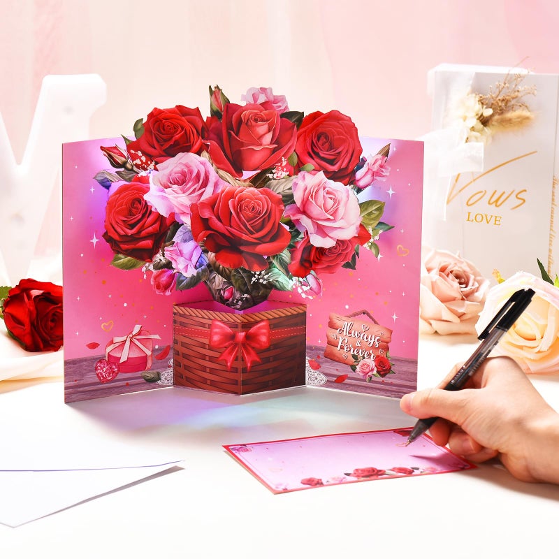 Venhoo Pop Up Valentines Day Card, 3D Musical Rose Flower Anniversary Cards with Lights, Romantic Popup Love Greeting Card for Her Him Couples Wife Girlfriend Husband Boyfriend - Image 3