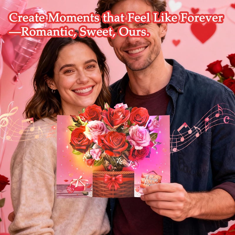 Venhoo Pop Up Valentines Day Card, 3D Musical Rose Flower Anniversary Cards with Lights, Romantic Popup Love Greeting Card for Her Him Couples Wife Girlfriend Husband Boyfriend - Image 5