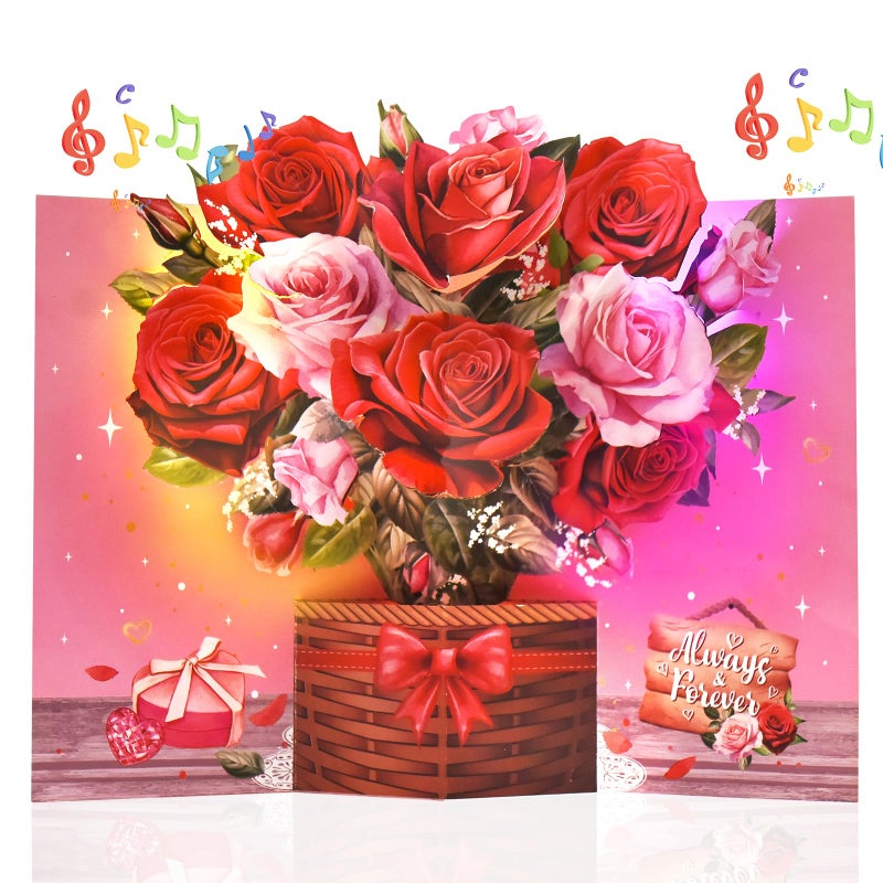 Venhoo Pop Up Valentines Day Card, 3D Musical Rose Flower Anniversary Cards with Lights, Romantic Popup Love Greeting Card for Her Him Couples Wife Girlfriend Husband Boyfriend - Image 1