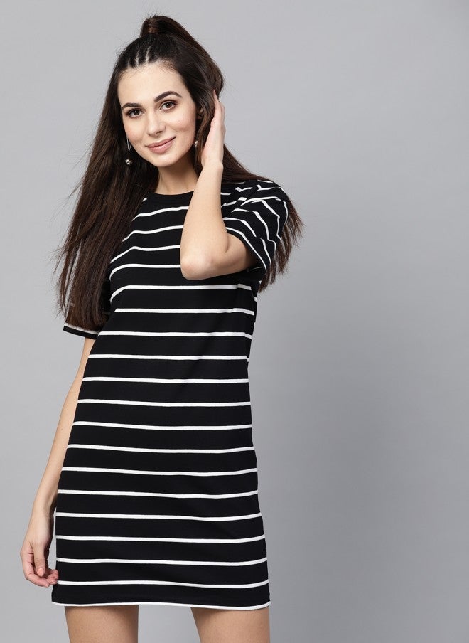 SASSAFRAS Black & White Striped T-Shirt Dress for Women - Image 3