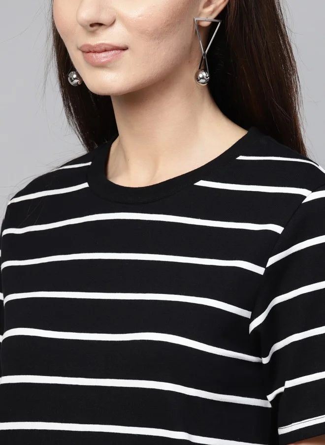 SASSAFRAS Black & White Striped T-Shirt Dress for Women