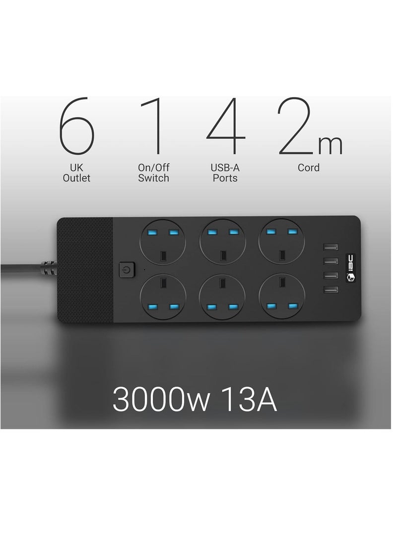 Extension Lead 2M/6.5FT, with 4 (2.1A) USB Slots, 6 Gang Electrical Sockets & Built-in Fuse, Surge & Shutter Protected Wall Mount Extension Cable, Black - Image 4