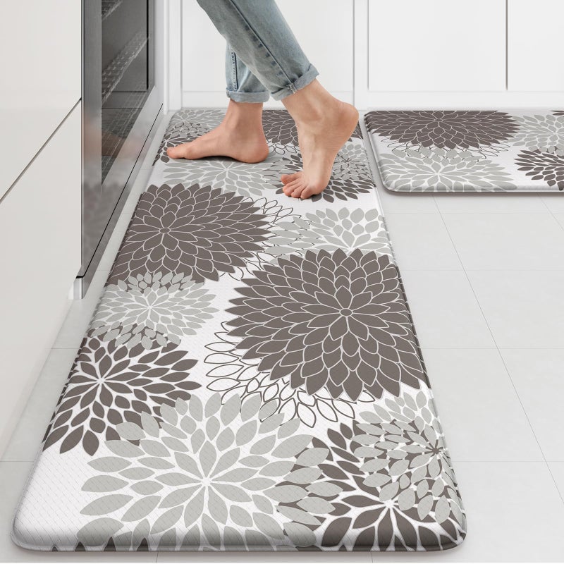 Collive Anti Fatigue Kitchen Mat 2PCS,Boho Floral Kitchen Rugs Non Slip Rubber Backing, Waterproof Farmhouse Kitchen Mat for Floor,Cushioned Standing Mat for Office,Laundry,Sink,Desk,Grey - Image 1