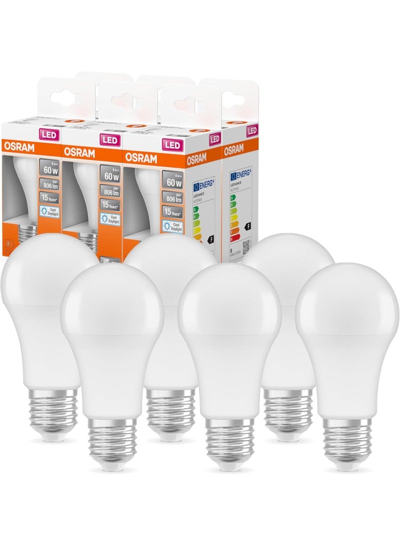 OSRAM LED lamp with E27 base, daylight (6500K), classic bulb shape, 8.5W, replacement for 60W bulb, frosted, LED Retrofit CLASSIC A, 6-pack - Image 1