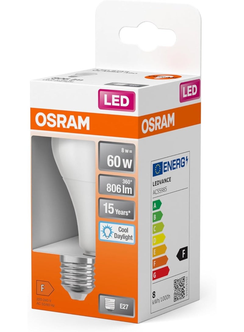 OSRAM LED lamp with E27 base, daylight (6500K), classic bulb shape, 8.5W, replacement for 60W bulb, frosted, LED Retrofit CLASSIC A, 6-pack - Image 5