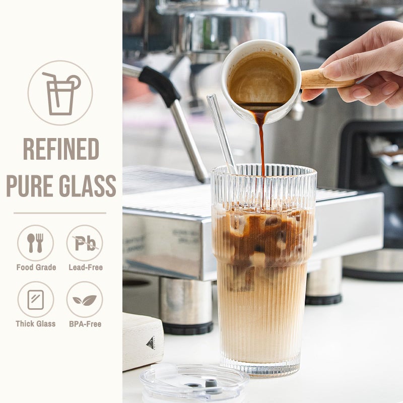 SoulTimes 20oz Glass Cups with Lids and Straws, Ribbed Glass Tumbler for Iced Coffee, Smoothie, Juice & Cold Drinks, Reusable Thick Glassware Set, Elegant Home & Travel Drinkwareã€2 Packã€‘ - Image 5