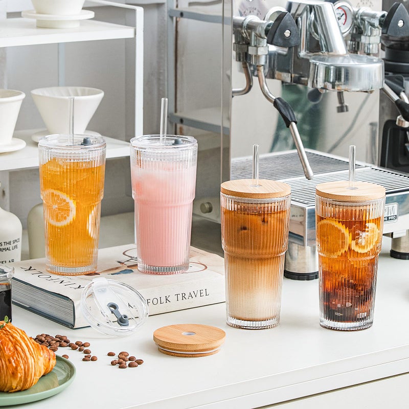 SoulTimes 20oz Glass Cups with Lids and Straws, Ribbed Glass Tumbler for Iced Coffee, Smoothie, Juice & Cold Drinks, Reusable Thick Glassware Set, Elegant Home & Travel Drinkwareã€2 Packã€‘ - Image 2