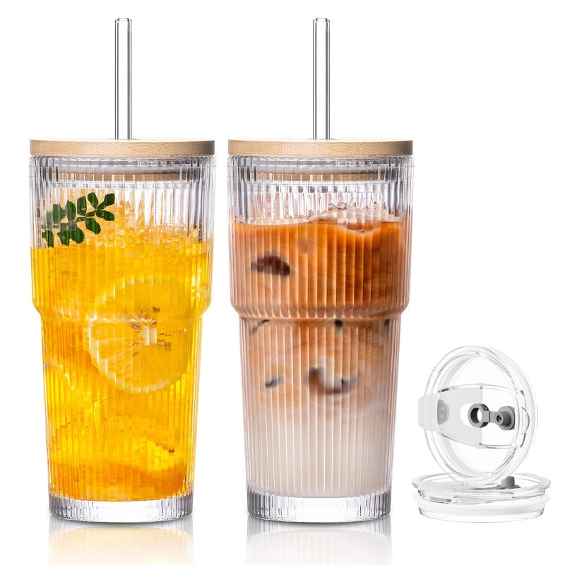 SoulTimes 20oz Glass Cups with Lids and Straws, Ribbed Glass Tumbler for Iced Coffee, Smoothie, Juice & Cold Drinks, Reusable Thick Glassware Set, Elegant Home & Travel Drinkwareã€2 Packã€‘ - Image 1
