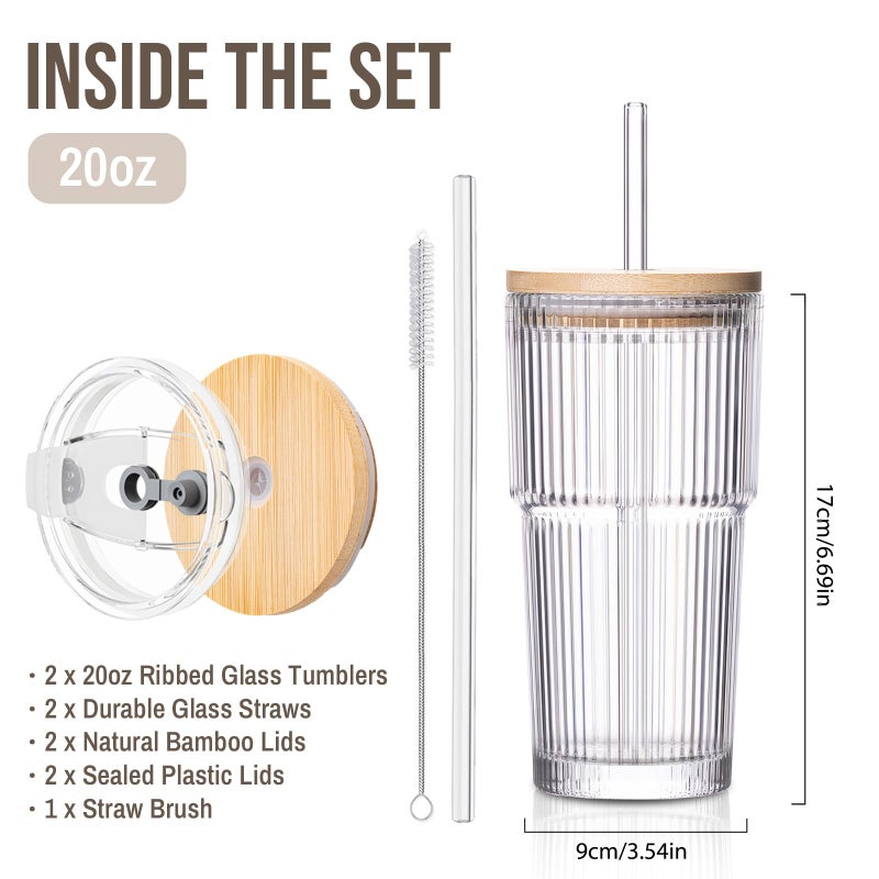 SoulTimes 20oz Glass Cups with Lids and Straws, Ribbed Glass Tumbler for Iced Coffee, Smoothie, Juice & Cold Drinks, Reusable Thick Glassware Set, Elegant Home & Travel Drinkwareã€2 Packã€‘ - Image 3