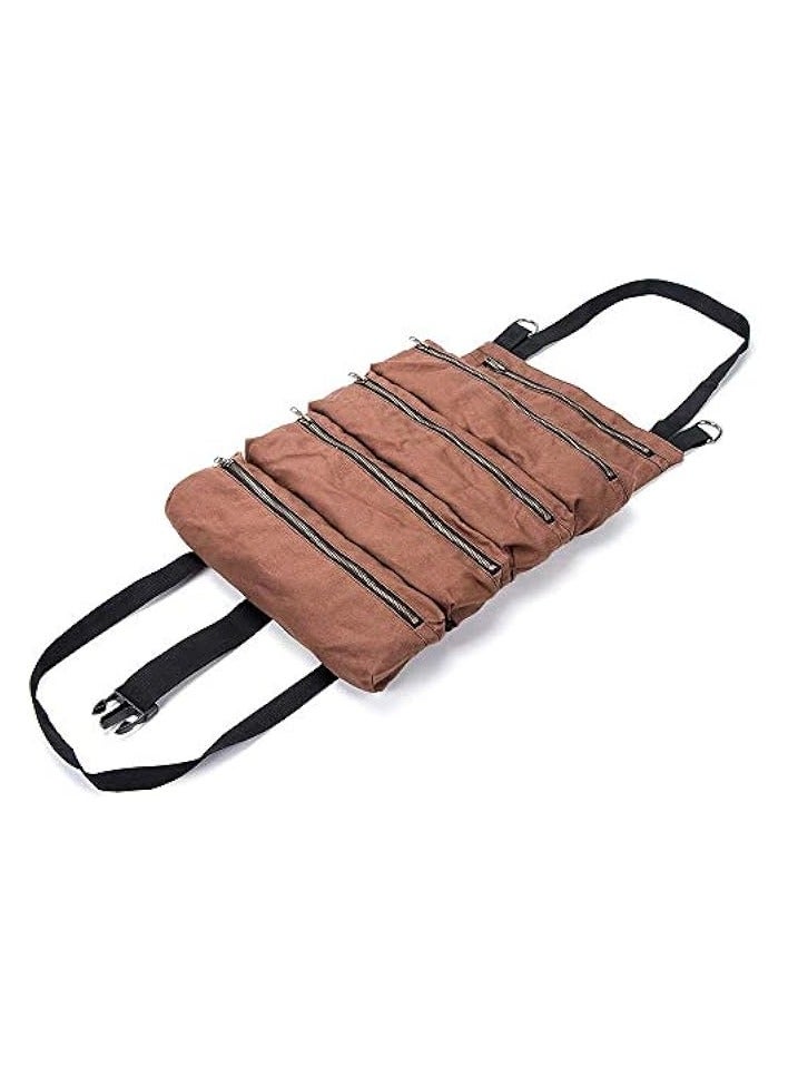 erorex Tool Storage Organizer Bag Roll, Big Tool Roll Up Bag, Waxed Canvas Tool Organizer Bucket, Tool Roll Up Pouch, Handy Small Tools Tote Carrier,Tool Pouch Sling, Car Back Seat Organizer (Brown)  - Image 1