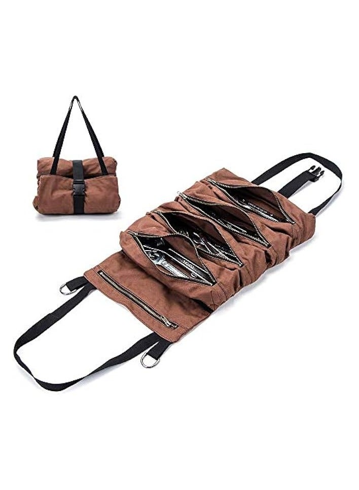 erorex Tool Storage Organizer Bag Roll, Big Tool Roll Up Bag, Waxed Canvas Tool Organizer Bucket, Tool Roll Up Pouch, Handy Small Tools Tote Carrier,Tool Pouch Sling, Car Back Seat Organizer (Brown)  - Image 2