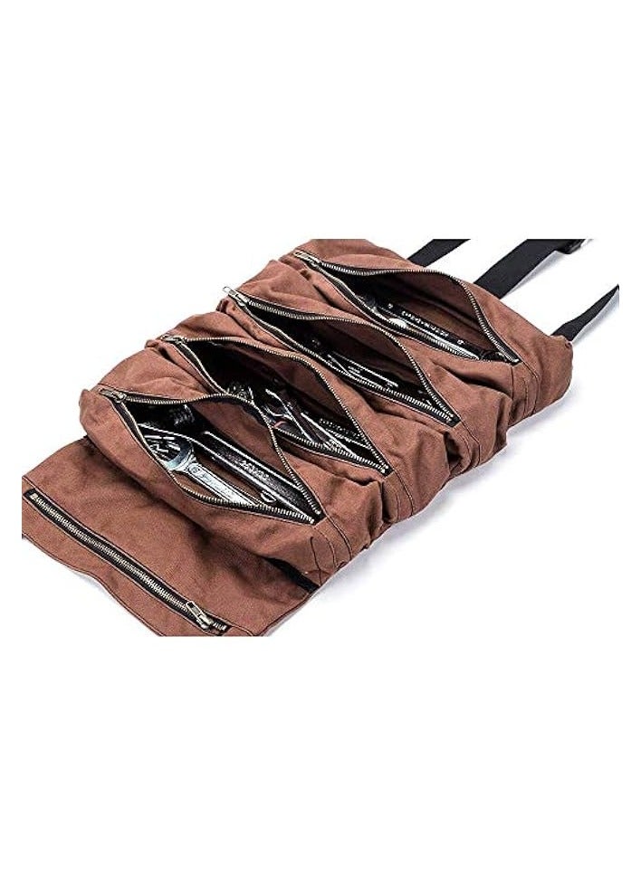 erorex Tool Storage Organizer Bag Roll, Big Tool Roll Up Bag, Waxed Canvas Tool Organizer Bucket, Tool Roll Up Pouch, Handy Small Tools Tote Carrier,Tool Pouch Sling, Car Back Seat Organizer (Brown)  - Image 4
