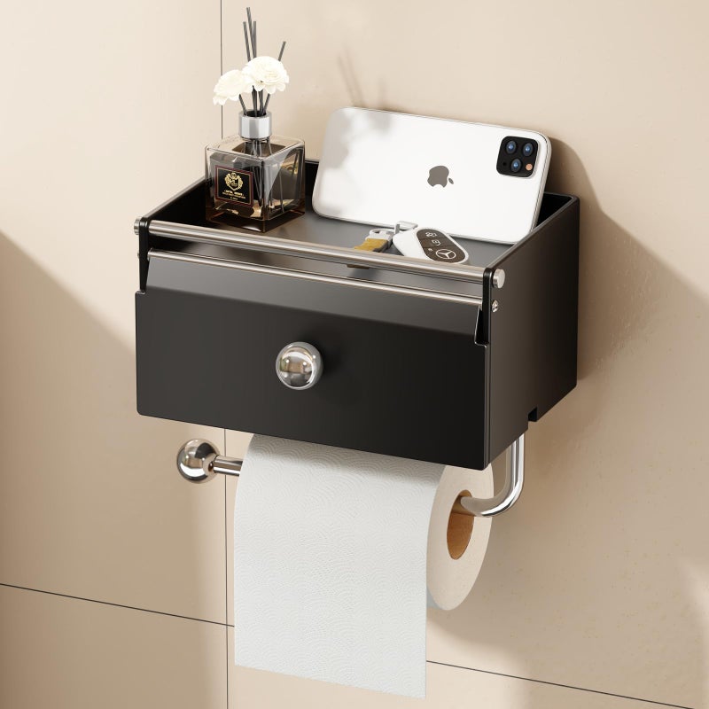 Voldra Toilet Paper Holder with Shelf, Flushable Wipes Dispenser for Bathroom, Adhesive Toilet Paper Roll Holder with Storage Wall Mount Stick On Bathroom Tissue Holder Front Flip Design (Matte Black) - Image 1